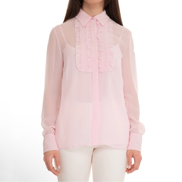 Max Mara Studio Narvik Tuxedo Shirt Sheer Silk Georgette Ruffle Neck Pink US 6 - Picture 1 of 16